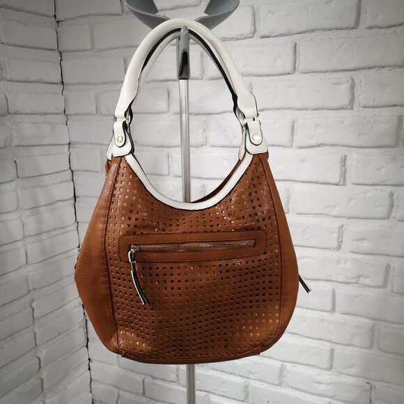 Hush Puppies Handbags - Hush Puppies Ladies Bronze & White Lined Faux Leather Eyelet Pattern Handbag